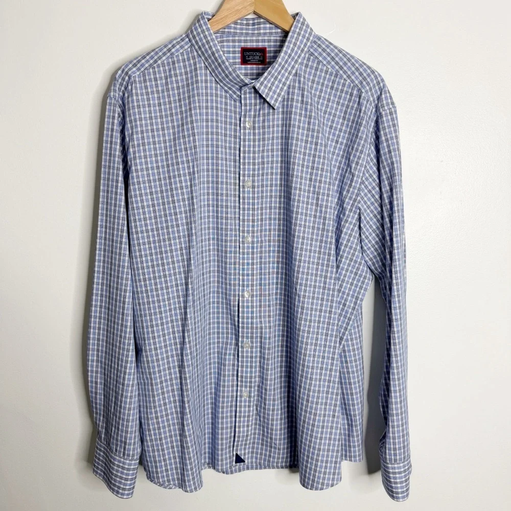 Untuckit Men’s Wrinkle-Free Durif Shirt Blue Plaid XXL Relaxed Fit Casual Preppy